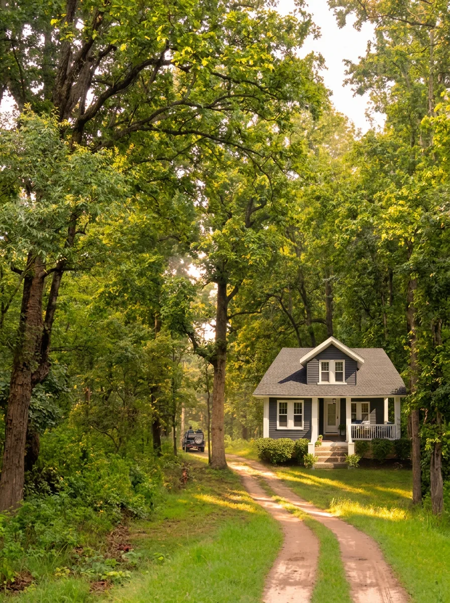 Render de la misma cabaña reubicada en un bosque con camino de tierra, generado con la IA de Trazo