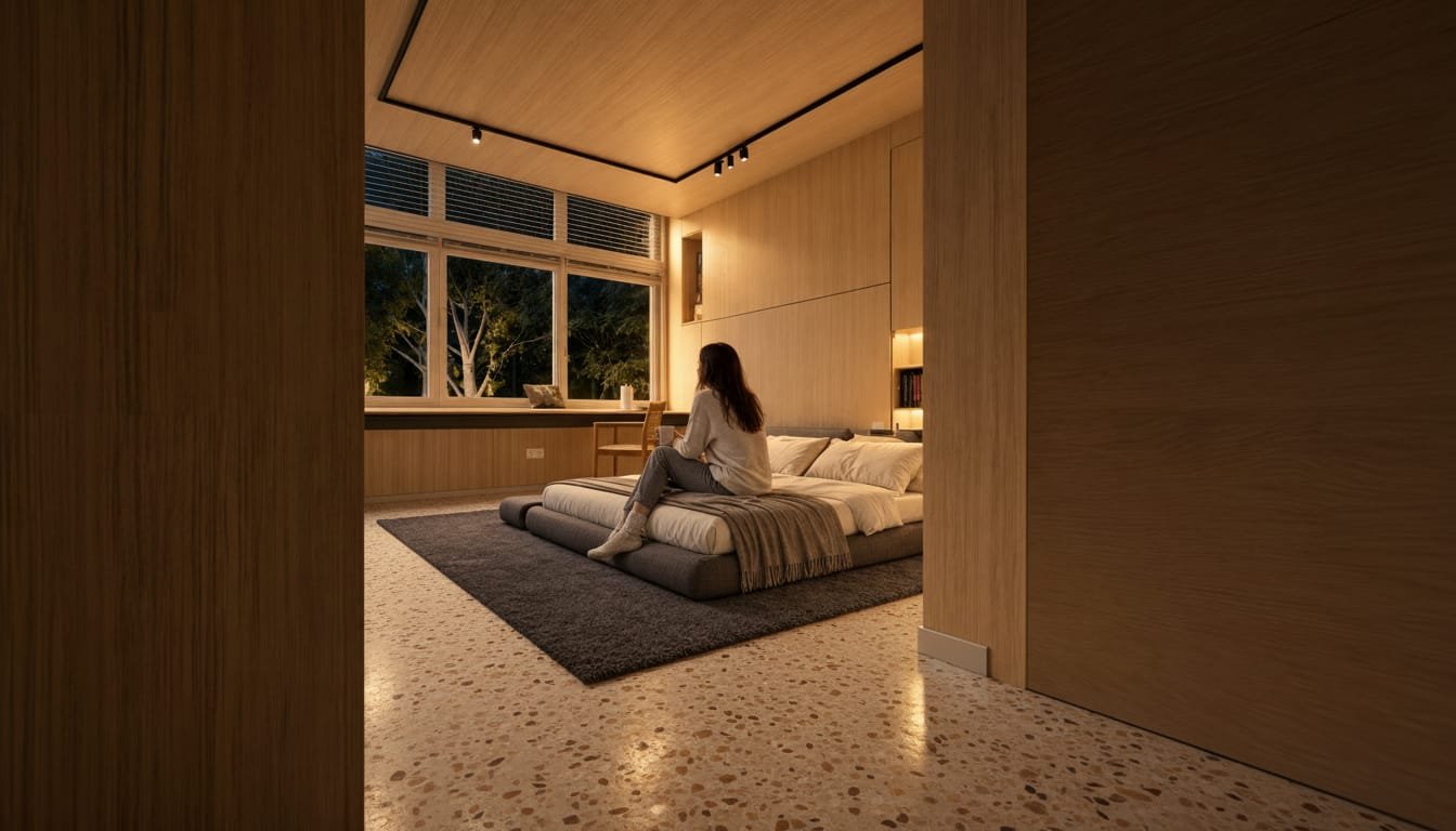 Dormitorio con suelo de terrazo de granito, iluminación nocturna